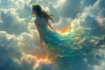 a happy teen girl stands beneath a celestial canopy of swirling colors in the enchanting realm of...