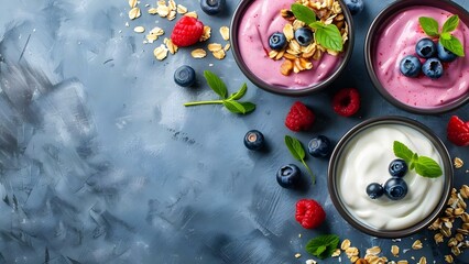 Long banner promoting healthy breakfast options with yogurt blueberries and vegan choices. Concept Healthy Breakfast Options, Yogurt Blueberries, Vegan Choices, Nutritious Start
