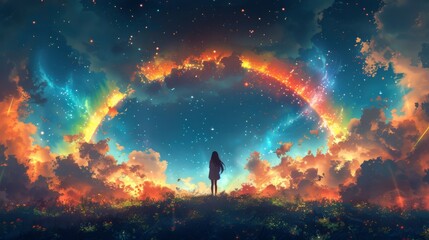 a happy teen girl stands beneath a celestial canopy of swirling colors in the enchanting realm of the rainbow Milky Way sky.