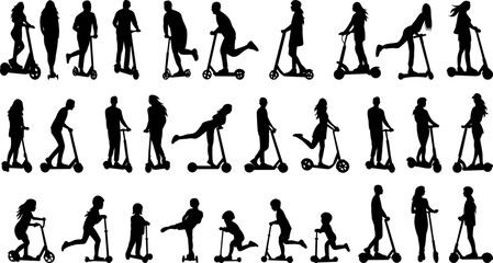 silhouette people riding a scooter set on a white background vector