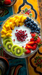 blog post of a fruit bowl, yogurt in the middle, sliced mango, pineapple circles, kiwi, strawberries,