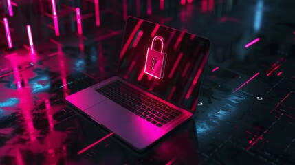 Locked laptop with virtual padlock on laptop screen, with dark neon purple background and copy space, concept of data privacy, network security, privacy protection