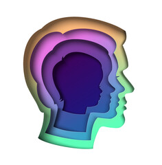 Silhouette with family heads inside paper cut layered vector illustration. Happy parents and children therapy concept. Mind psychology concept