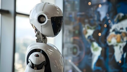 Globalization and Tech Advancement Symbolized by Humanoid Robot with AI and Machine Learning. Concept Robotics, Artificial Intelligence, Machine Learning, Globalization, Technology Advancements