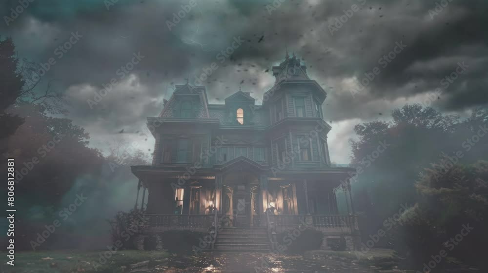 Wall mural haunted house and cloudy weather with lightning . seamless looping time-lapse virtual video animatio