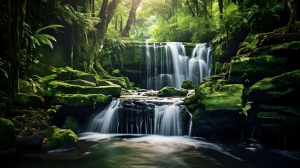 Beautiful waterfall in the forest. Panorama of a waterfall in the forest.