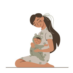 Cute cartoon young woman with her child. Nice girl with a kid isolated on a white background. Happy motherhood and childhood. Nice mom and baby boy.