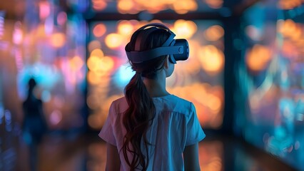 Obraz premium Young girl walking into virtual reality world seen from behind. Concept Virtual Reality, Technology, Future, Innovation, Exploration