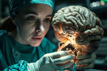 Surgeon studying a model brain, an organ, at a science event