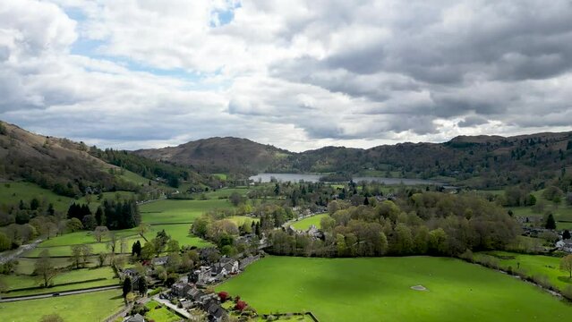 4k drone footage of the rural landscape near Grasmere in Cumbria, UK