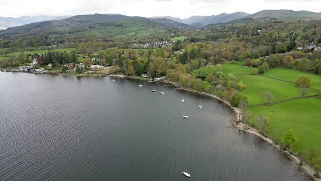 4k drone footage of Lake Windemere near Bowness-on-Windemere in Cumbria, UK