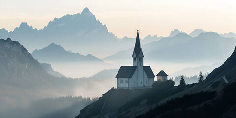 Alpine Landscape with Church: Scenic View of Chapel Amidst Snowy Mountains and Lush Greenery, Tranquil Mountain Scenery, Picturesque Winter Landscape, Generative AI

