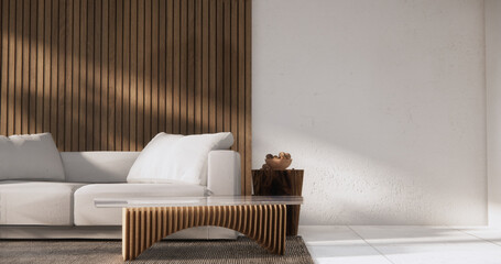 Living room modern minimal style with sofa armchair on tiles granite floor.