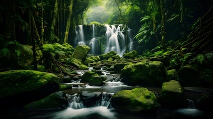 Panorama of a beautiful waterfall in the rainforest. Long exposure