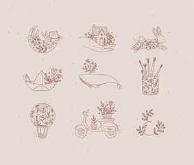 Floral elements house, cat, rabbit, origami boat, whale, glass with brushes, hot air balloon, scooter drawing in hand-drawing style with brown on beige background