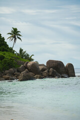 Granite stones and trees near white sandy beach of anse forbans, Calm sea, Mahe Seychelles