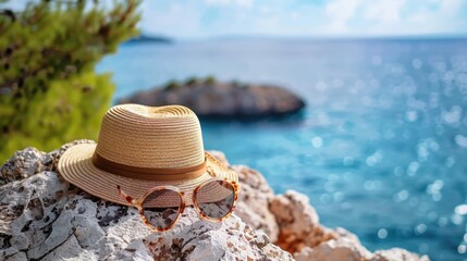 A straw hat and sunglasses rest on a rock by the ocean, offering a scenic view of the water, sky, and horizon. A perfect spot for leisure and travel AIG50