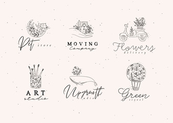Floral labels house, cat, whale, glass with brushes, hot air balloon, scooter with lettering drawing in hand-drawing style with black on beige background