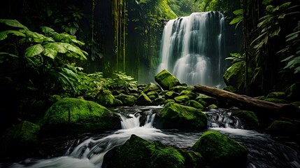 Panoramic view of beautiful waterfall in deep tropical rain forest.