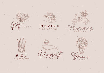 Floral labels house, cat, whale, glass with brushes, hot air balloon, scooter with lettering drawing in hand-drawing style with brown on beige background