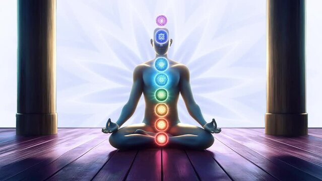 Digital animation of a meditating figure with visible chakras