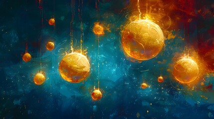 Captivating Digital of Glowing Golden Spheres Suspended in an Ethereal Molecular Cosmos with Rich Textures and Dreamlike Brushstrokes
