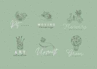 Floral labels house, cat, whale, glass with brushes, hot air balloon, scooter with lettering drawing in hand-drawing style on green background