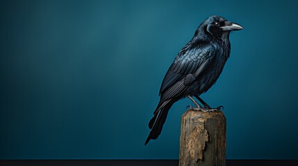 A solitary black bird perches on a weathered wooden post, observing the world around it with a watchful eye