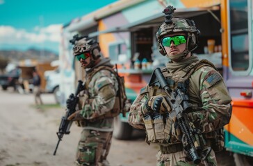 Fototapeta premium Two Soldiers Clad in Full Gear, Sporting Green Glasses, and Carrying Equipment on Their Backs