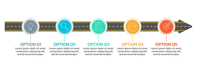 5 steps road infographic template with arrow. Timeline roadmap info graphic design. Business presentation, process layout template. Vector illustration.