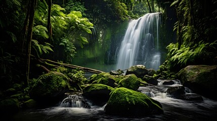 Panorama of a waterfall in the rainforest, Bali, Indonesia