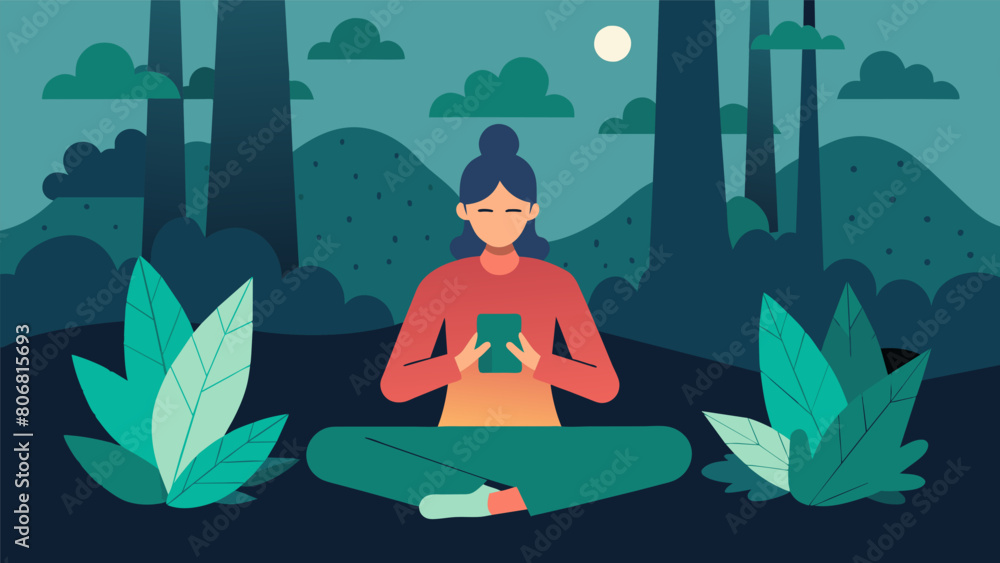 Poster a person sitting in a quiet spot in the woods practicing mindfulness and meditation without the inte