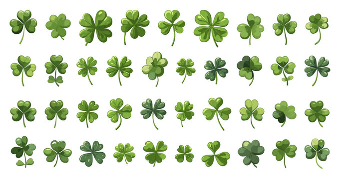 Cartoon Clover Leaf Collection. Lucky Charm. Four-Leaf Clover Illustrations. Vector Cartoon Leaves in Simple Flat Style for Luck, Fortune, Nature, Irish, St. Patrick Day, Greenery, Botanical Themes