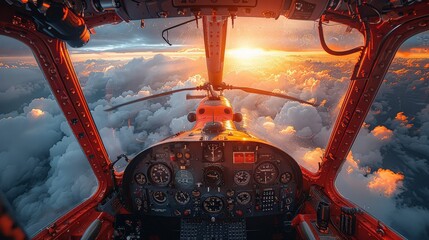 Stunning view from inside a helicopter cockpit flying through a vibrant cloudscape at sunset, highlighting dramatic lighting and aviation technology.