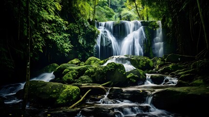 Beautiful waterfall in the forest. Panoramic view of the waterfall.
