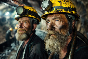 Fototapeta premium Two coal mine workers with dirty and tired faces wearing yellow helmets on their heads.