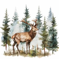A beautiful watercolor of a wild deer in the forest, isolated minimal with white background