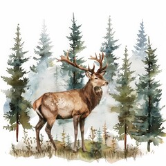 Fototapeta premium A beautiful watercolor of a wild deer in the forest, isolated minimal with white background