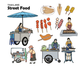 Street food vendor, street food in Thailand, grilled chicken , grilled pork , grilled meatballs and sausages, crushed squid, hand drawn style vector illustration
