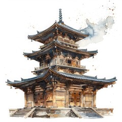 Obraz premium A beautiful watercolor of an ancient temple, its detailed architecture standing proudly isolated with a white background