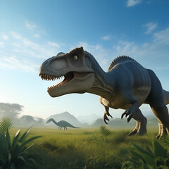 Green grass dinosaurs and blue sky background dinosaur habitat
