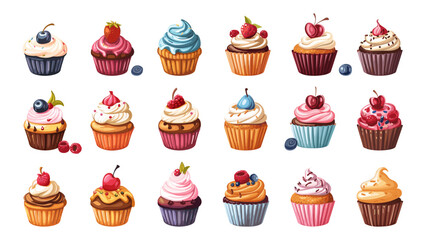 Cartoon Cupcakes. Isolated Cartoon Cute Cupcakes on White Background. Delicious Dessert Treats. Vector Icon Set of Cartoon Cupcakes in Simple Flat Style for Bakery, Dessert, and Sweet Treat Themes