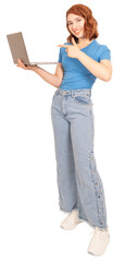 Confident business woman, full body size young caucasian confident business woman holding using laptop pointing screen looking camera smiling. Wear blue t shirt denim jean. Isolated transparent png.