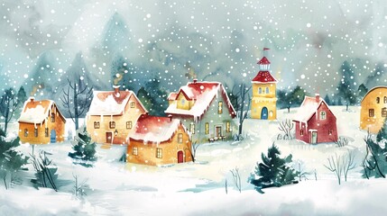 watercolor cartoon of small town with snow falling in winter season