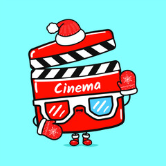 Funny smiling happy Movie clapper christmas. Vector flat cartoon character illustration icon design. Isolated on blue background