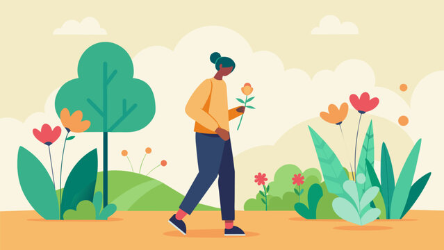 A person taking a leisurely walk through a scenic garden smelling the flowers and feeling the grass beneath their feet without the distraction of.