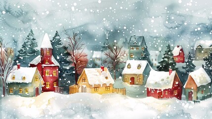 Naklejka premium watercolor cartoon of small town with snow falling in winter season
