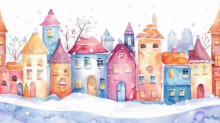 Fototapeta premium watercolor cartoon of small town with snow falling in winter season