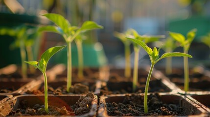A close-up image of green seedlings growing in small pots.