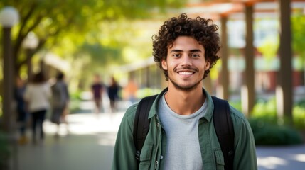 Portrait of a smiling young male college student with curly hair wearing a green shirt and backpack